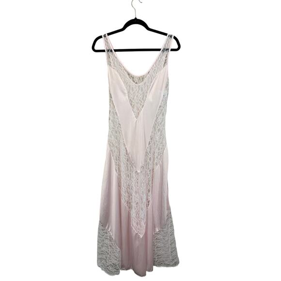 Vintage Nightgown Slip Dress M Pink Satin Lace Sheer French Romantic Fairycore - Picture 1 of 10